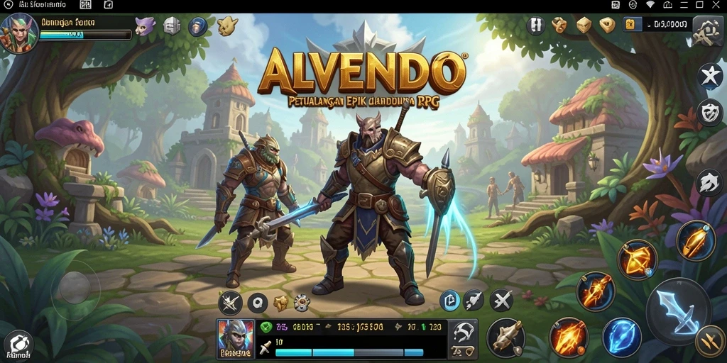 Screenshot utama ALVENDO menampilkan aksi pertarungan epik dalam dunia RPG.