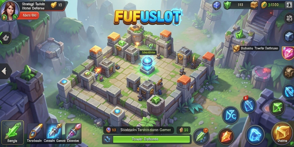 Screenshot gameplay FUFUSLOT menunjukkan pertahanan tower melawan serangan musuh.