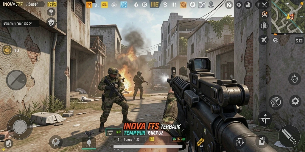 Gameplay FPS yang menegangkan dalam INOVA77.