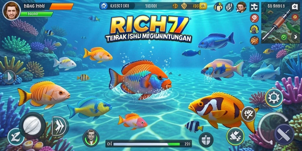 Screenshot gameplay RICH7 menampilkan aksi menembak ikan di lautan.