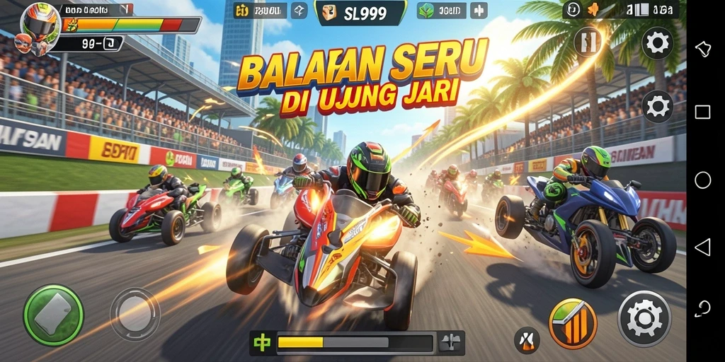 Screenshot SL999 menampilkan aksi balapan mendebarkan di lintasan.